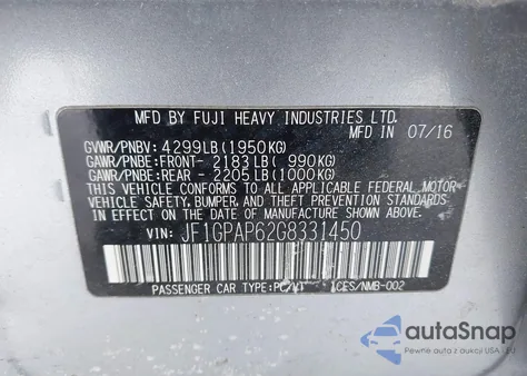 2016 Subaru Impreza 2.0I Sport Premium z USA, uszkodzony, nr VIN JF1GPAP62G8331450